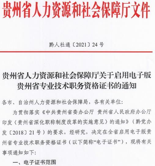 贵州省人力资源和社会保障厅关于启用电子版贵州省专业技术职务资格